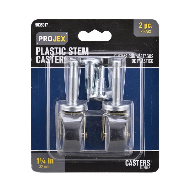 Pair of Emery Jensen 1.25-inch utility casters with black frames, ideal for heavy-duty furniture and equipment mobility.