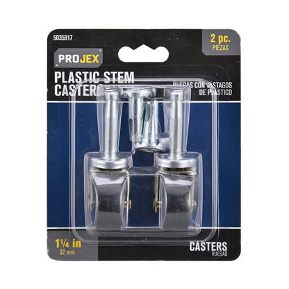 Pair of Emery Jensen 1.25-inch utility casters with black frames, ideal for heavy-duty furniture and equipment mobility.