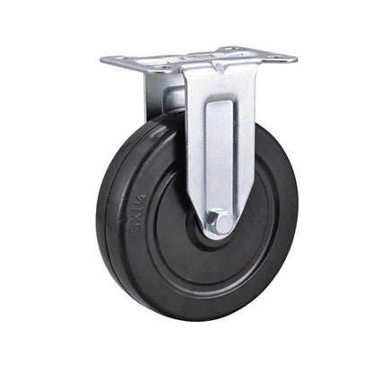 Emery Jensen utility caster SFTRUB 200, 5-inch diameter, black rubber wheel with metal mounting plate, designed for heavy-duty use.