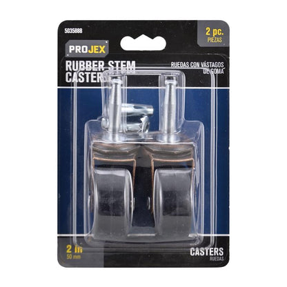 Pair of Emery Jensen 2-inch rubber wheel utility casters for carts and furniture, designed for smooth mobility and durability.
