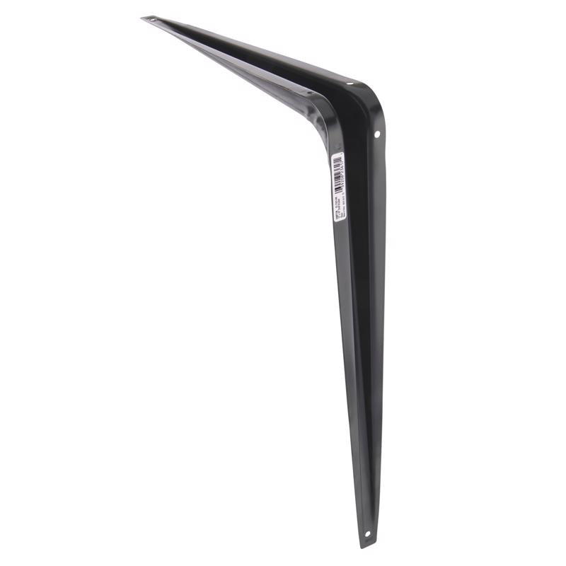 Black 12x14-inch Emery Jensen utility shelf bracket showing a sturdy metal support for wall-mounted shelving.