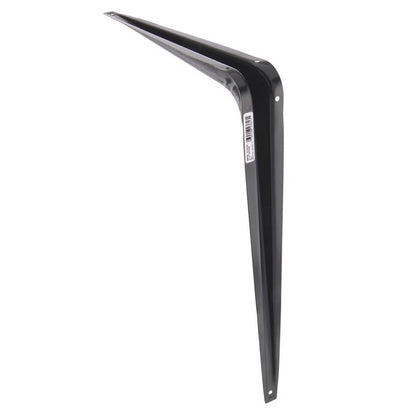 Black 12x14-inch Emery Jensen utility shelf bracket showing a sturdy metal support for wall-mounted shelving.