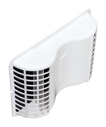 White under eave vent from Emery Jensen, part of vent kits and hoods, showing the vent installed under the roof eave.