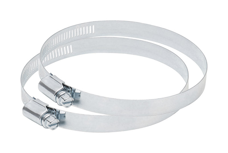 Pair of Emery Jensen worm drive clamps for vent kits and hoods, durable metal hose clamps for secure installation.
