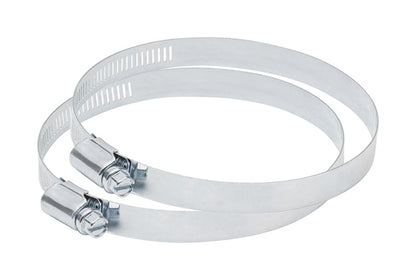 Pair of Emery Jensen worm drive clamps for vent kits and hoods, durable metal hose clamps for secure installation.