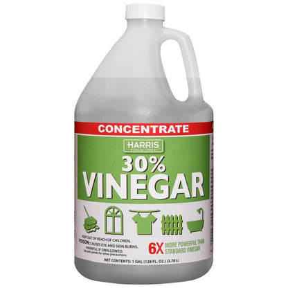 Four 128 oz bottles of Emery Jensen cleaning vinegar, clear liquid for household cleaning and surface sanitation.
