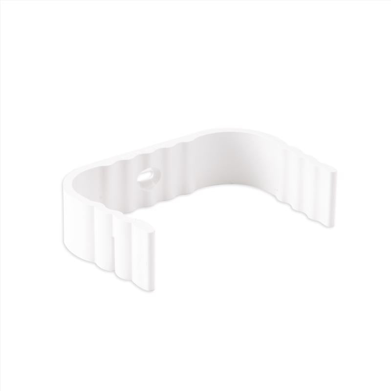 White vinyl downspout band accessory by Emery Jensen, used for securing or decorating outdoor gutter systems.