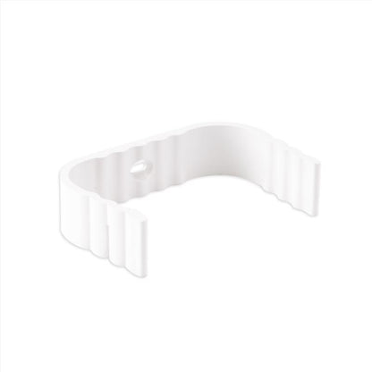 White vinyl downspout band accessory by Emery Jensen, used for securing or decorating outdoor gutter systems.