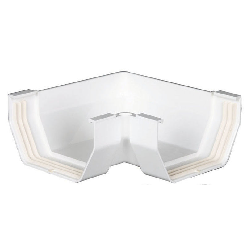 White vinyl gutter corner accessory by Emery Jensen, designed for seamless gutter installation and durable weather resistance.