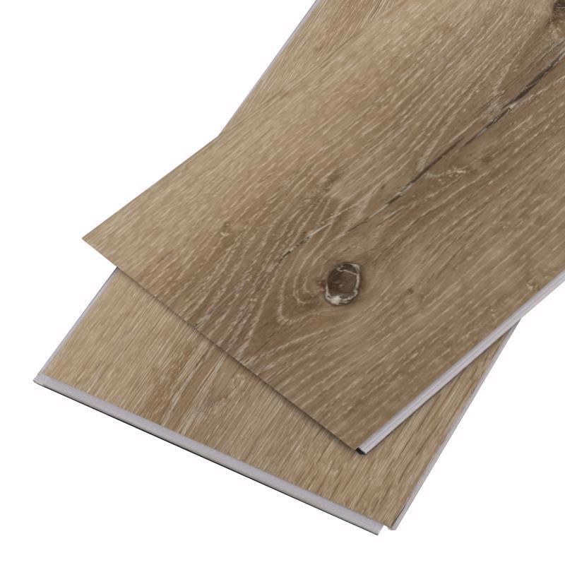 Emery Jensen vinyl flooring planks with a wood grain pattern, 48 inches long, in a natural oak finish.