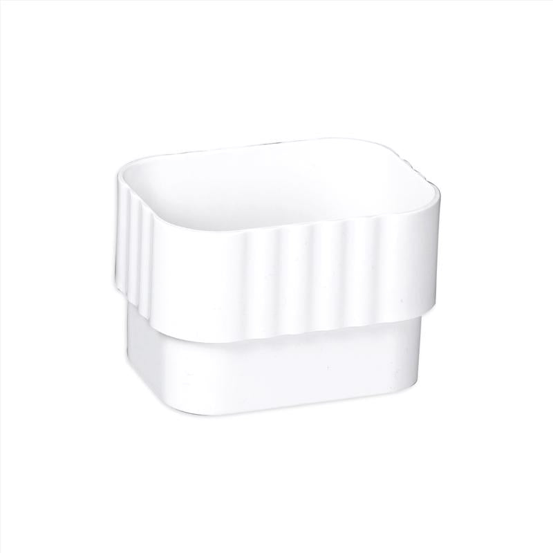 White vinyl gutter/downspout connector by Emery Jensen for seamless rainwater management on residential homes.