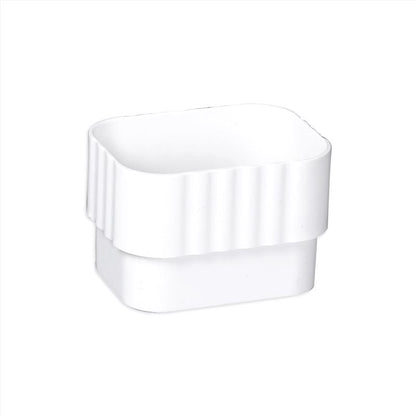 White vinyl gutter/downspout connector by Emery Jensen for seamless rainwater management on residential homes.