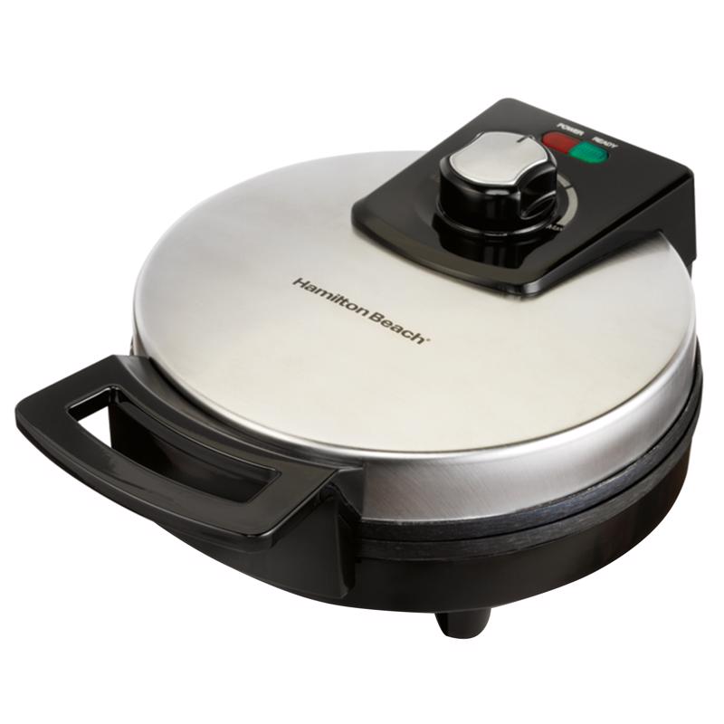 Emery Jensen Belgian Waffle Maker SS for making waffles and crumb cakes, with a sleek stainless steel finish and non-stick surface.