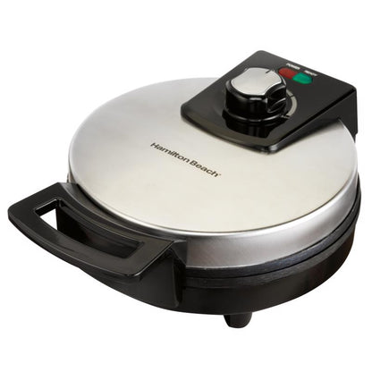 Emery Jensen Belgian Waffle Maker SS for making waffles and crumb cakes, with a sleek stainless steel finish and non-stick surface.