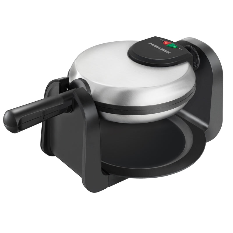 Emery Jensen black and silver waffle and crumb cake maker with textured surface and control buttons on top.