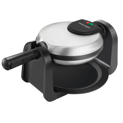 Emery Jensen black and silver waffle and crumb cake maker with textured surface and control buttons on top.