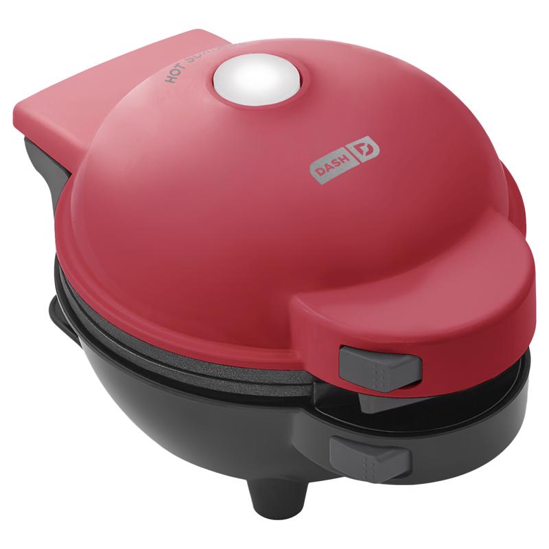 Emery Jensen WFL MKR PLST RD 4-inch waffle and crumb cake maker with a non-stick plate and sleek red finish.