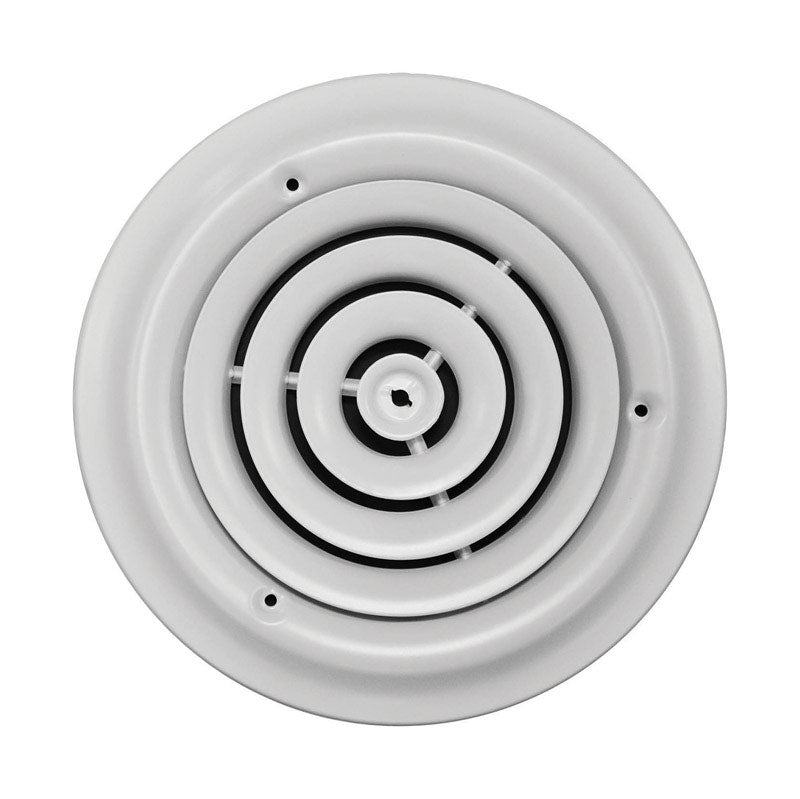 Emery Jensen 6-inch round ceiling diffuser for wall or ceiling registers, white metal vent with adjustable louvers.
