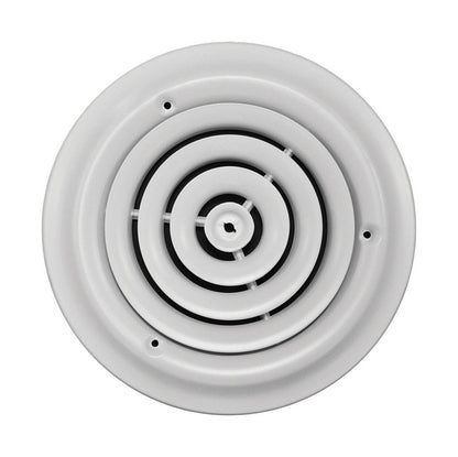 Emery Jensen 6-inch round ceiling diffuser for wall or ceiling registers, white metal vent with adjustable louvers.