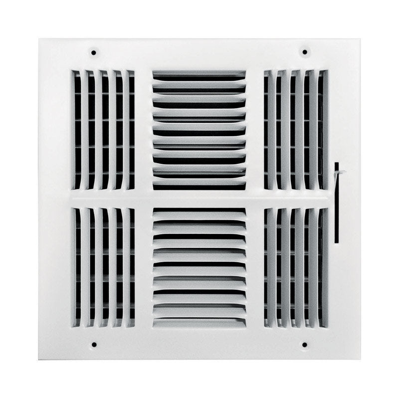 Emery Jensen 4-way white wall and ceiling register, 10x10 inches, with adjustable louvers for airflow control.