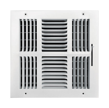 Emery Jensen 4-way white wall and ceiling register, 10x10 inches, with adjustable louvers for airflow control.