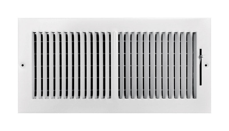 White 14x6-inch Emery Jensen wall/ceiling register with adjustable louvers for air flow control.