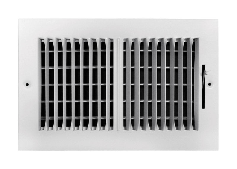 White 4x10 inch wall and ceiling register from Emery Jensen with adjustable louvers for airflow control.