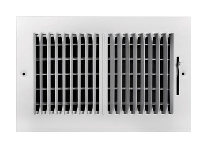 White 4x10 inch wall and ceiling register from Emery Jensen with adjustable louvers for airflow control.