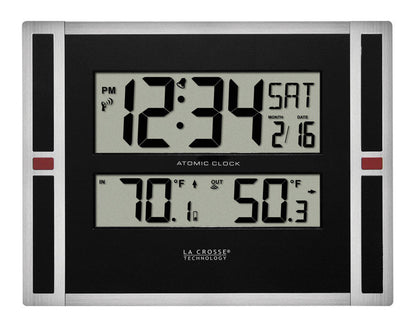 Emery Jensen atomic wall clock with sleek round design, black hour and minute hands, and clear clock face for accurate timekeeping.