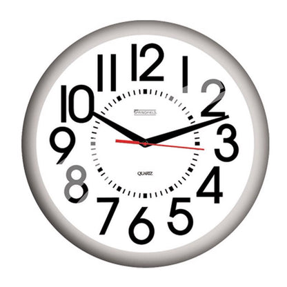 White 13.25-inch Emery Jensen wall clock with black hour and minute hands, modern design, and clear clock face.