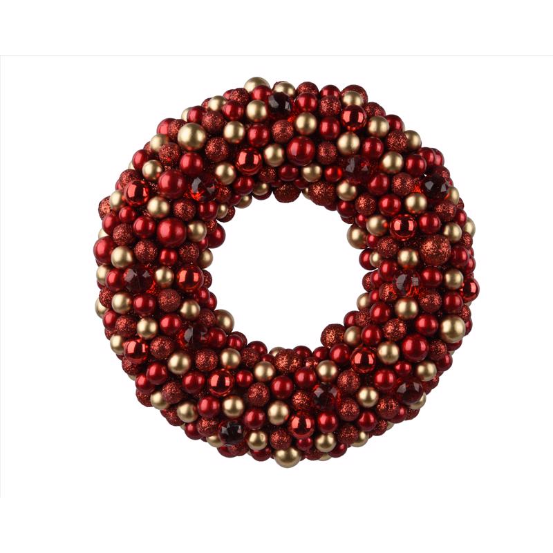 Red 13-inch wreath wall decor by Emery Jensen, featuring vibrant artificial flowers and greenery for home decoration.