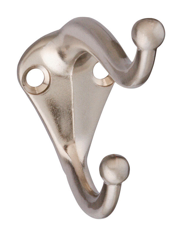 Emery Jensen wall-mounted coat and hat hook, satin nickel finish, sturdy metal with multiple hooks for hanging accessories.