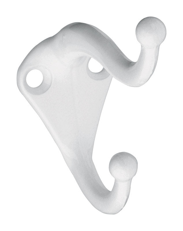Emery Jensen wall mount coat and hat hook in white, sturdy metal, designed to hold up to 35 pounds, ideal for entryways or closets.