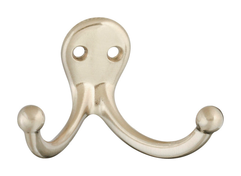 Emery Jensen double wall mount clothes hook in satin nickel finish, mounted on a wall for hanging garments and accessories
