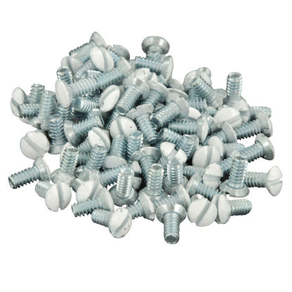 Emery Jensen wall plate screws, 5/16 inch white, for securing wall plates to walls, shown in a close-up image.