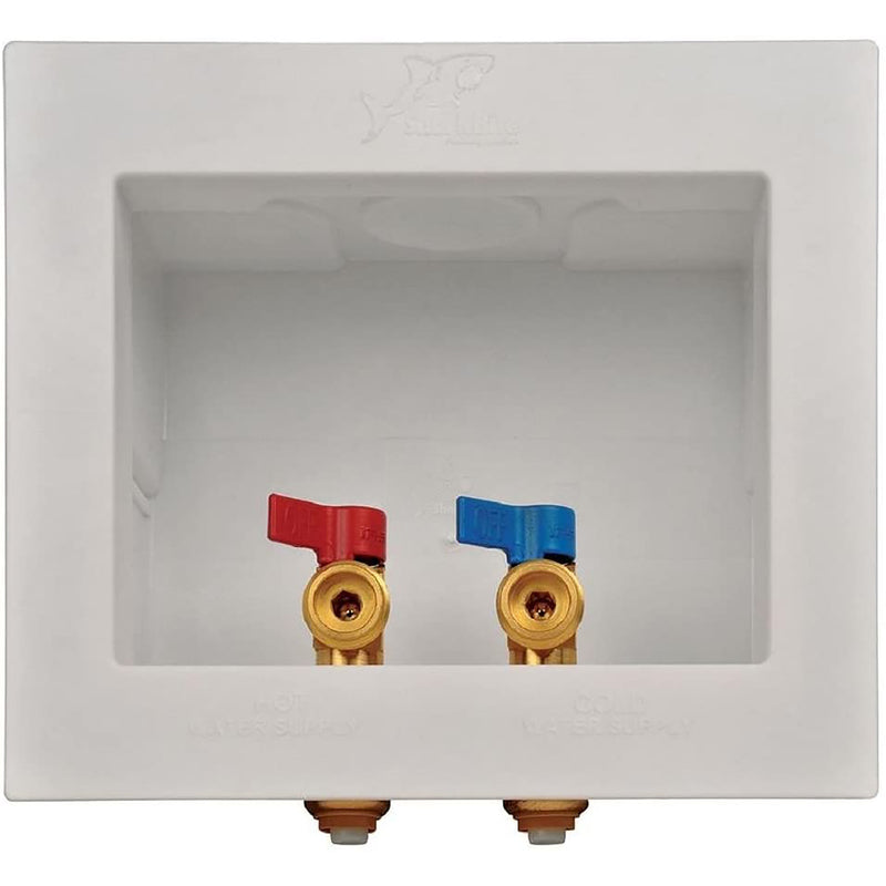 Emery Jensen washing machine outlet box SB for secure pipe connections and drainage in laundry installations.