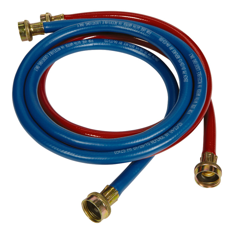 Emery Jensen washing machine hose in blue and red packaging, flexible water supply hose for laundry appliances.