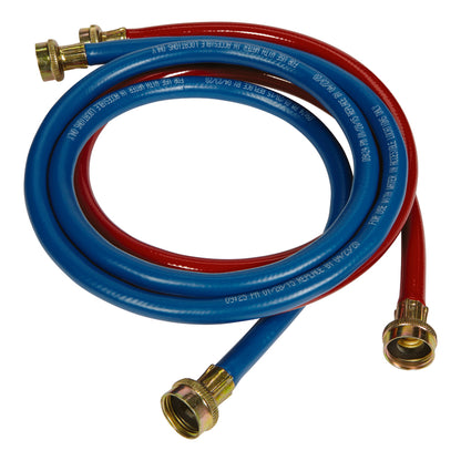 Emery Jensen washing machine hose in blue and red packaging, flexible water supply hose for laundry appliances.