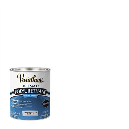 Two containers of Emery Jensen polyurethane clear water clean-up varnish in 1-quart bottles, ideal for wood finishing projects.