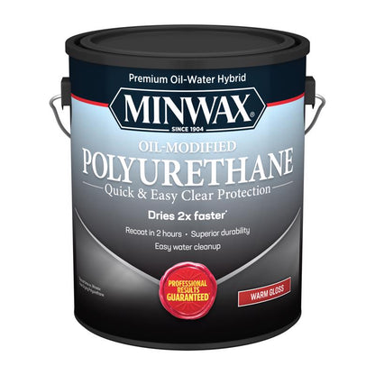 Two gallons of Emery Jensen WB Poly Gloss water clean-up varnish in 1-gallon containers, for protective wood finishes.