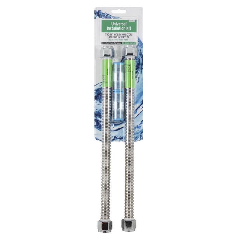 Emery Jensen water heater connectors kit with brass fittings and hoses, plumbing accessories for water heater installation and repair.