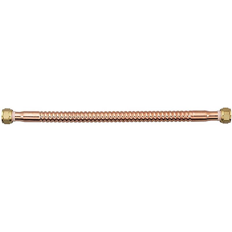 Emery Jensen water heater connector, 3/4x3/4 inch FIP, 18-inch supply line, brass fittings for plumbing applications.