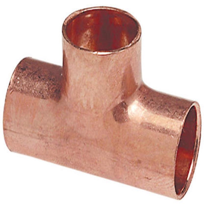 Copper Tee fitting for water supply, 1x1x1/2 inch, Emery Jensen water fittings, solder type, used in plumbing systems.