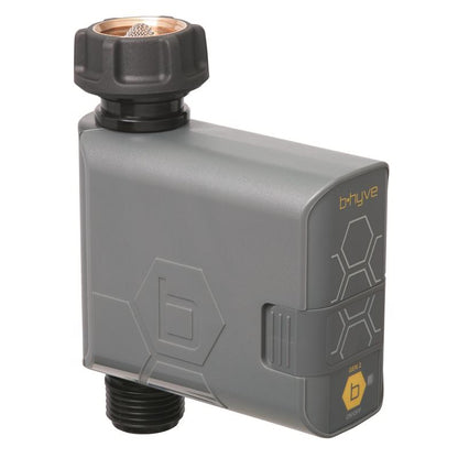 Emery Jensen water timer in black and gray, compact and durable, used for automatic garden irrigation systems.