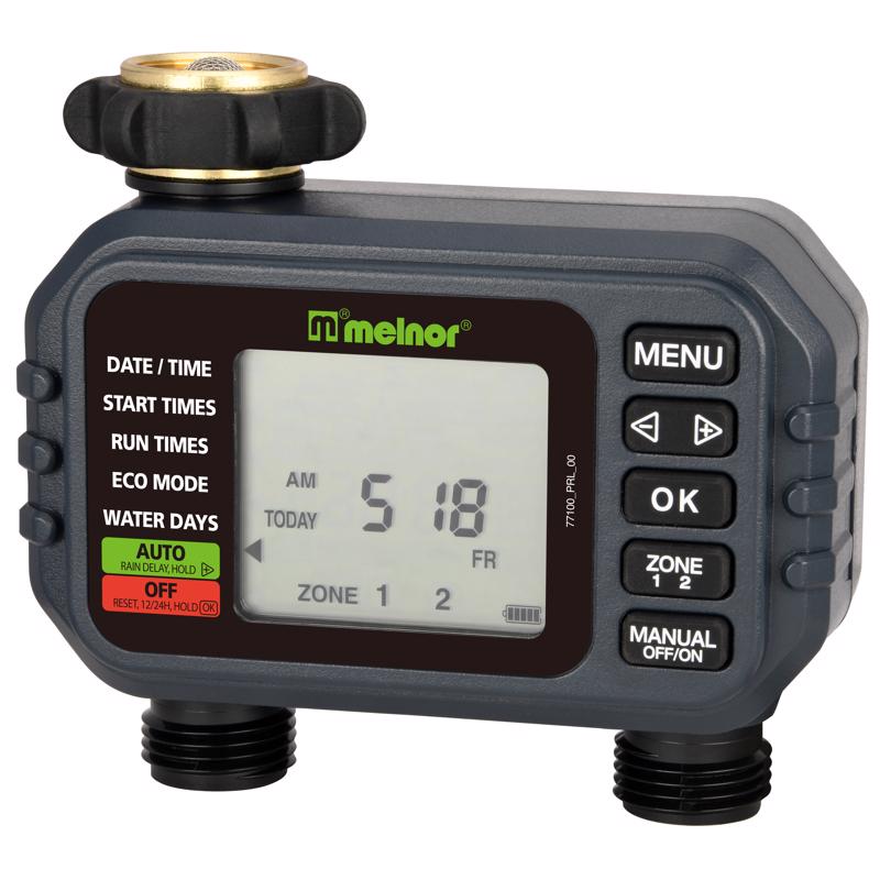 Emery Jensen digital water timer in black and gray, 2-zone, outdoor gardening water timer for precise watering control.