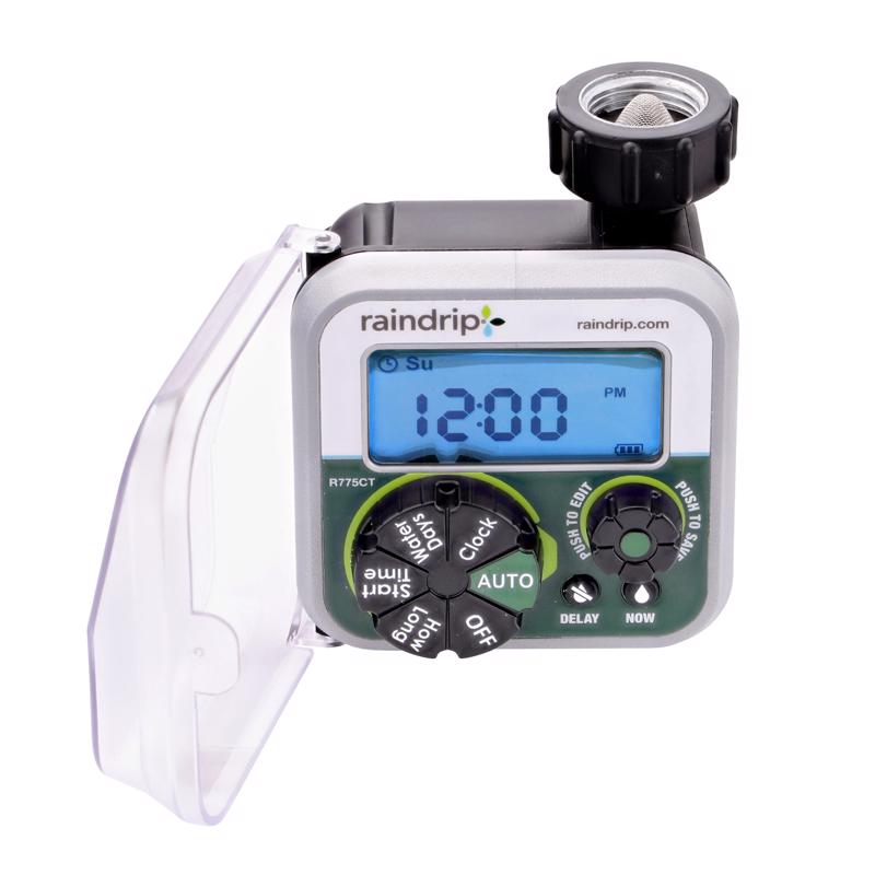 Emery Jensen digital water timer battery operated in black, showing control buttons and display screen for garden irrigation.