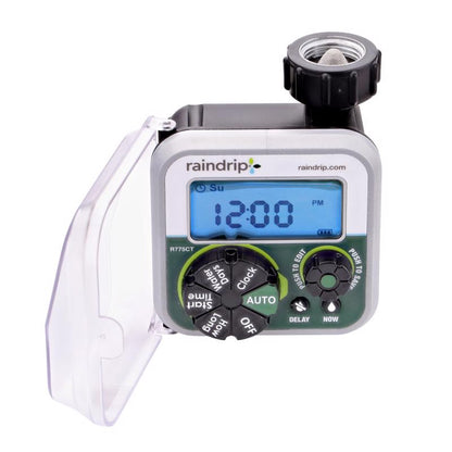 Emery Jensen digital water timer battery operated in black, showing control buttons and display screen for garden irrigation.