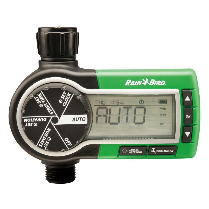 Emery Jensen electric hose end water timer attached to garden hose, controlling watering schedule for efficient irrigation.