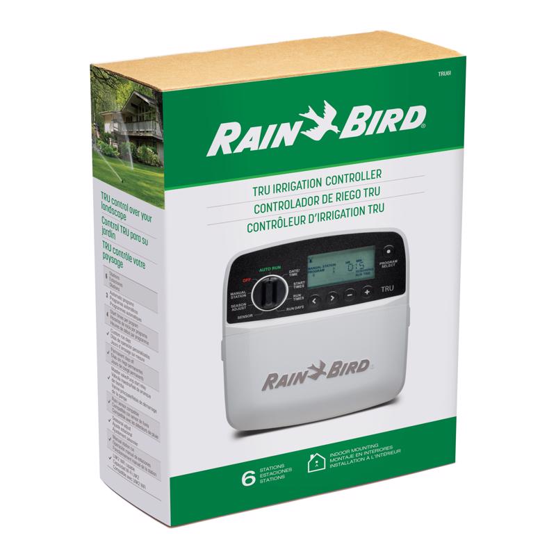 Emery Jensen INDR sprinkler timer, 6-zone water timer for 120V irrigation control, with digital display and weather-resistant design.