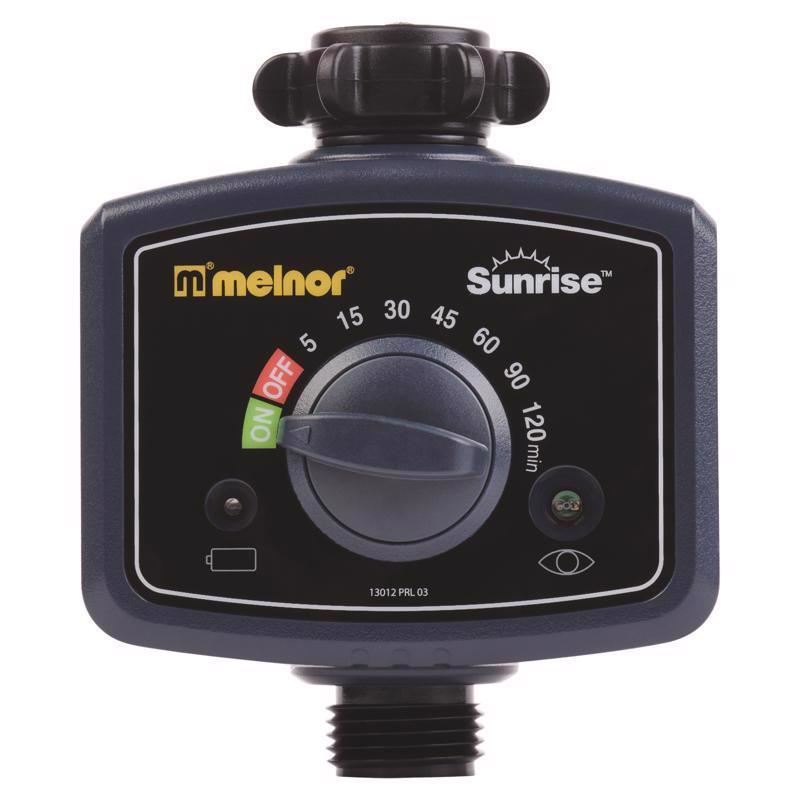 Emery Jensen Sunrise Water Timer showing digital display and adjustable dial for garden irrigation control.